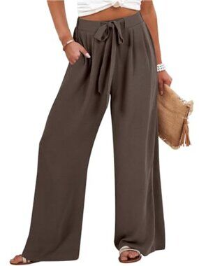 Wide Leg Palazzo Pants High Waisted Adjustable Tie Knot Flowy Trousers Casual